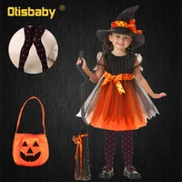 4pcs girls witch dress candy bag leggings hat clothing set halloween witch costume kids carnival girls witch cosplay costume