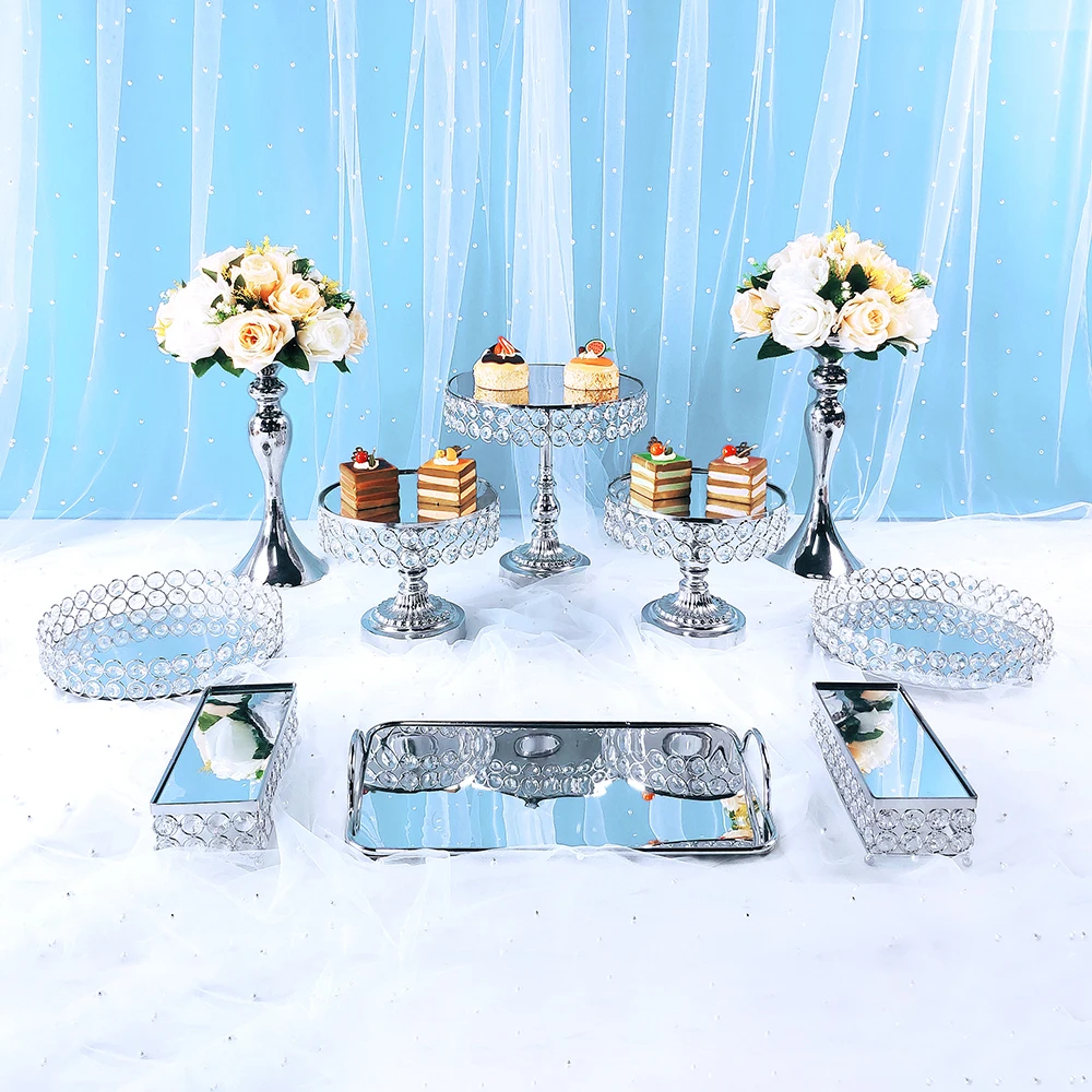 Conjunto de soporte de pastel de plata con cristal dorado, decoraci&oacute;n de magdalenas de metal con base de postre para fiesta, expositor de pastel, nuevo estilo-1
