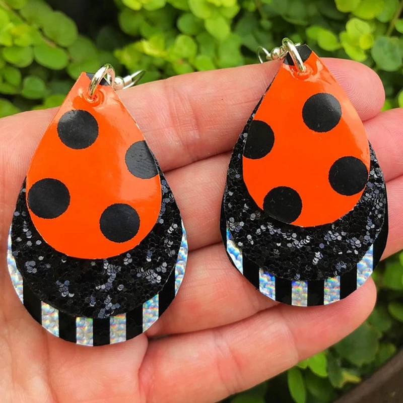 

Halloween Metallic Stripes & Dots Triple Stacked Faux Leather Teardrop Earrings