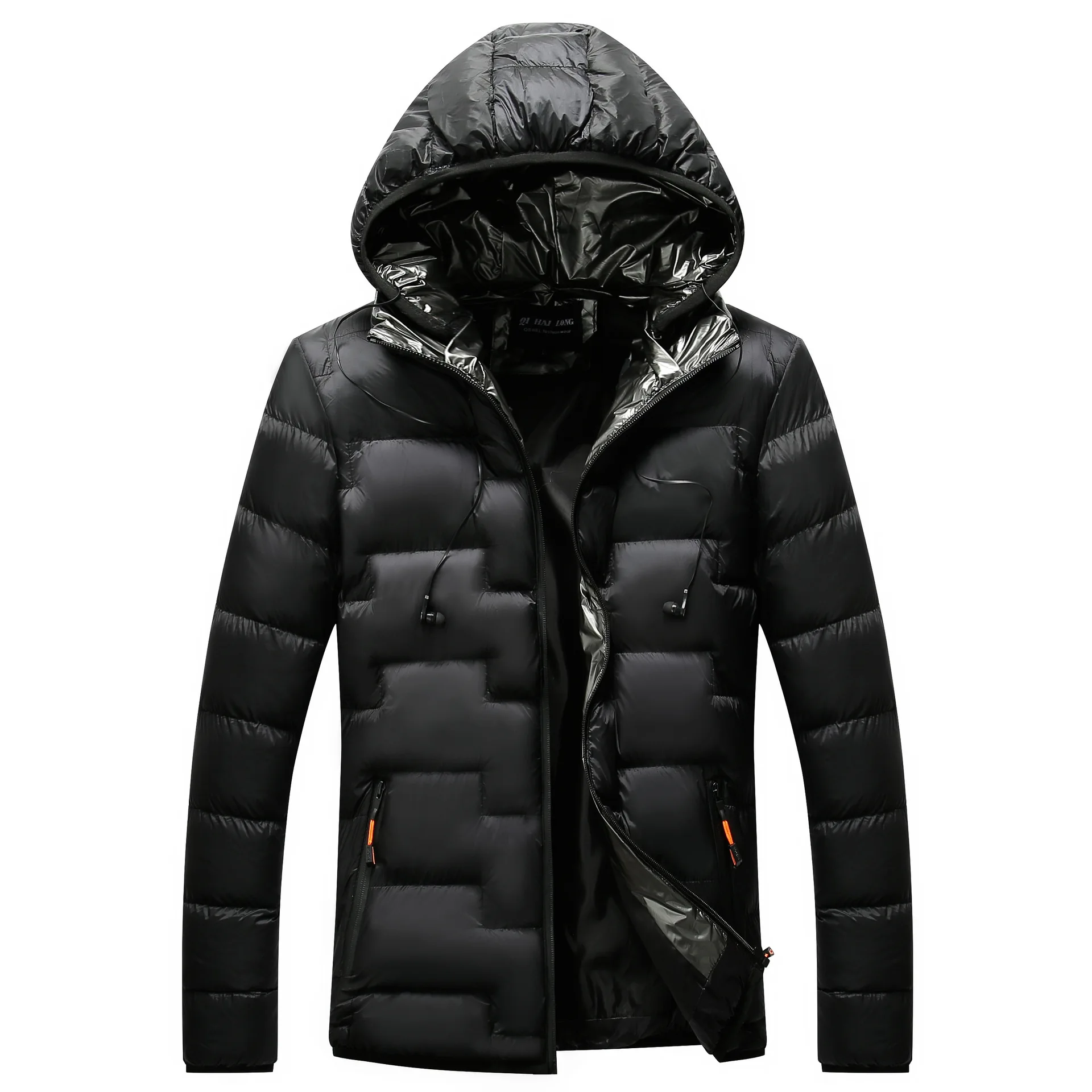 

Winter Men Portable Headset Parkas Jacket Coat Men's Personality Solid Color Parkas Hooded striped Male Parka