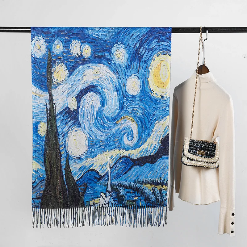 

Scarf Women Winter New Cashmere Scarf Pashmina Women's Digital Printing Painting Shawl Blue Color with Tassel