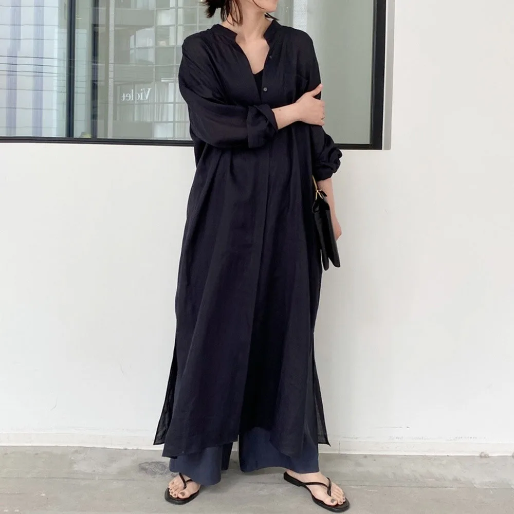 

Japanese Korean Style 2021 Summer New Solid Color Long Women's Dress Single-breasted Split Fork Loose Casual Simplicity