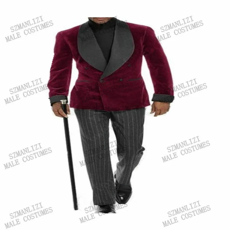 

Костюм мужской бархатный в полоску, двубортный Блейзер бордового цвета, брюки для жениха, свадебный смокинг, серого цвета, на заказ
