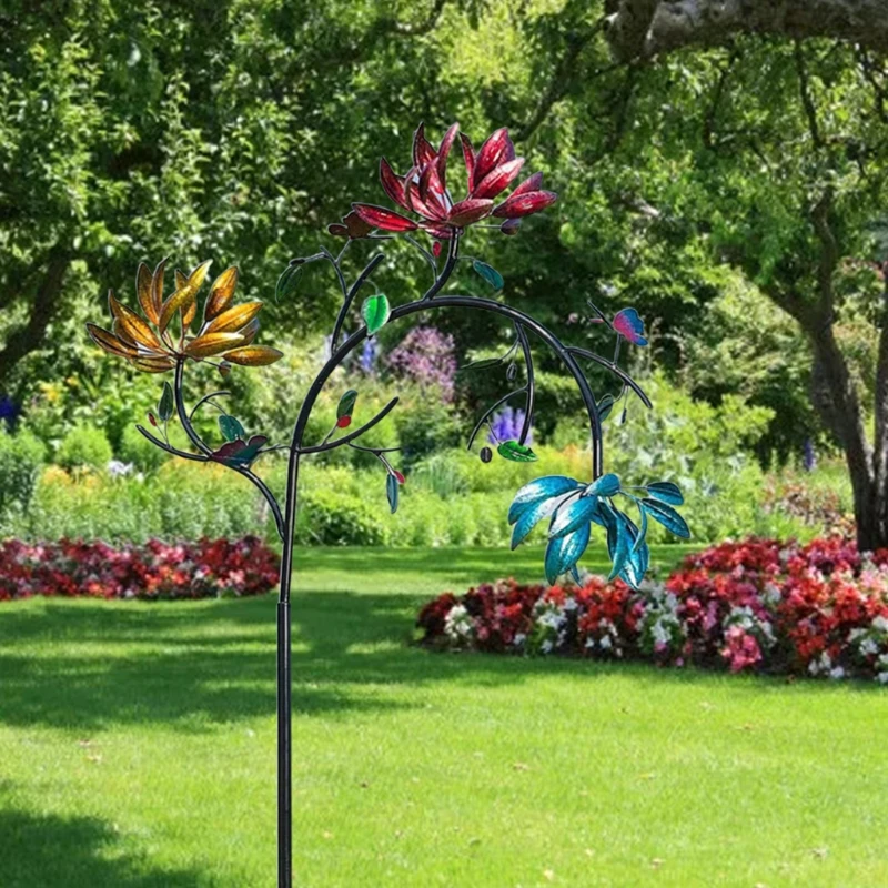 

Large Metal Wind Spinner with Three Spinning Flowers Butterflies Windmill Wind Sculpture for Outdoor Garden Art Decor