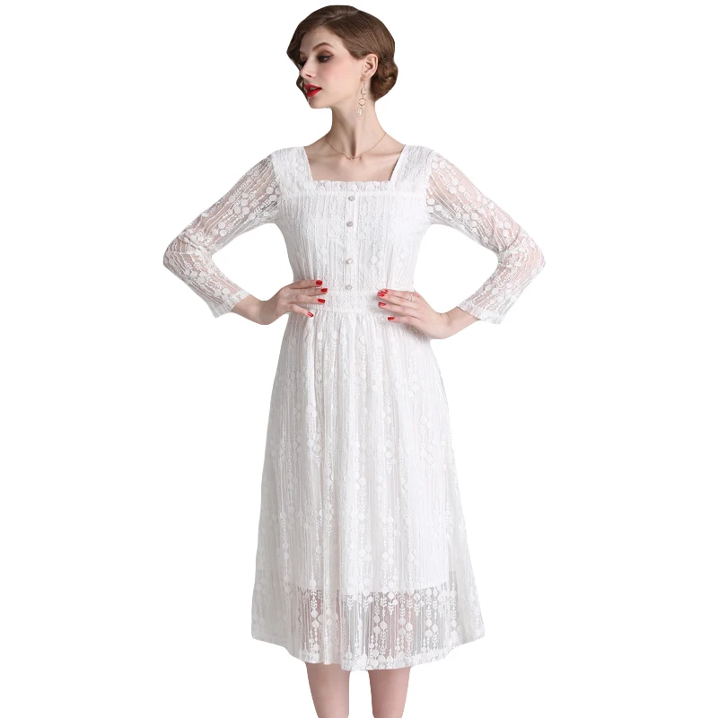 

2021 New Fashion Spring Designer Elegant Women Dress Female Sexy Slim Office Party Robe Ladies White Vintage Lace Dress Vestidos