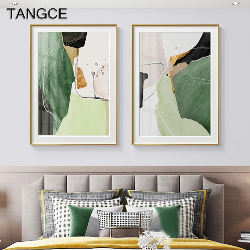 

Contemporary Art Green Color Block Wall Art Canvas Painting Abstract Golden Pictures Poster Print Gallery Living Room Home Decor