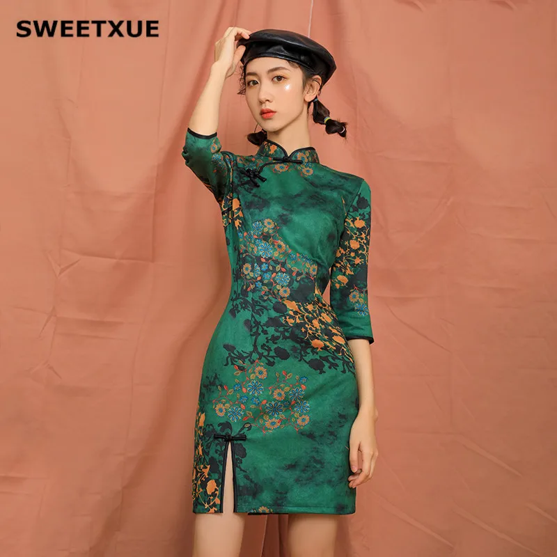 Осеннее модное ретро платье Ципао SWEETXUE с цветочным принтом бархатное зеленое