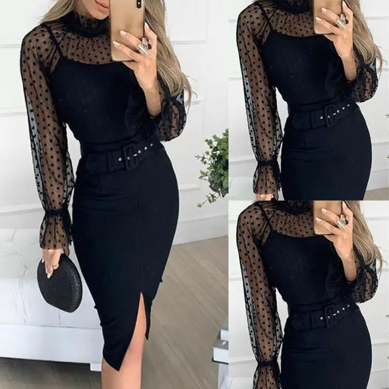 Женское платье на тонких бретелях черное без рукавов с поясом офисное разрезом |