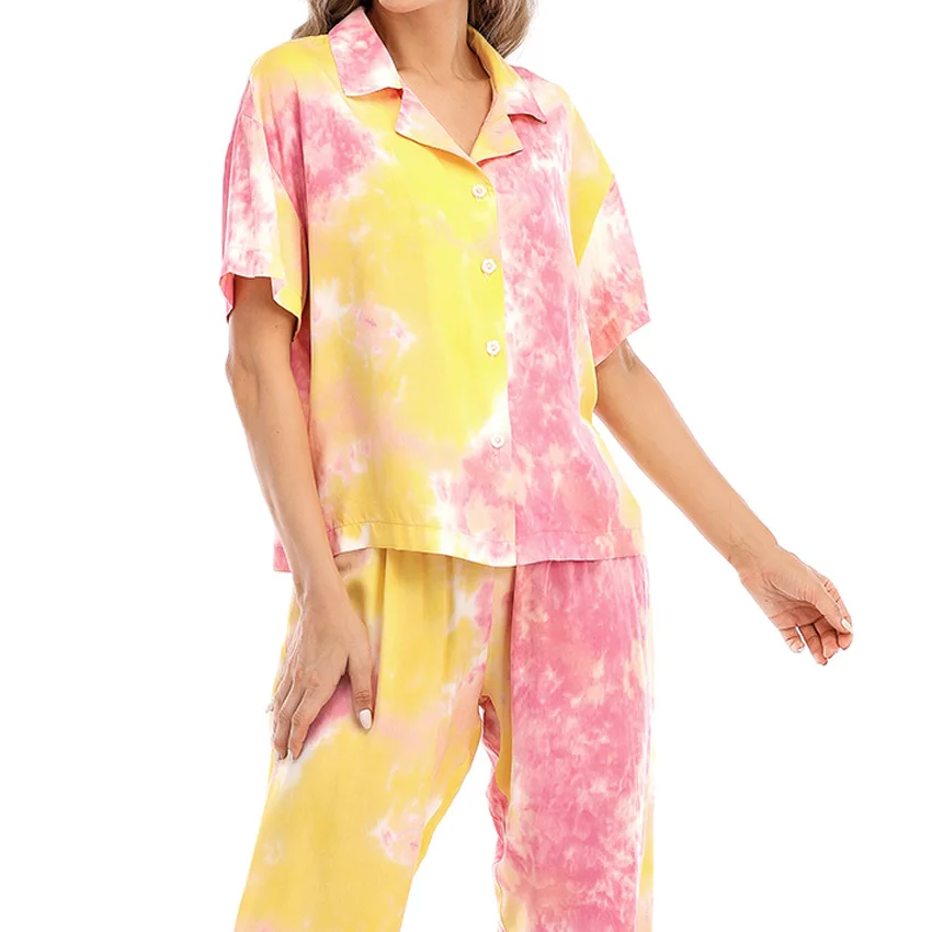 Женский хлопковый пижамный комплект Tie Dye, комплект из 2 предметов, пикантный кардиган, Пижамный костюм, свободная одежда для сна, летнее нижн... от AliExpress RU&CIS NEW