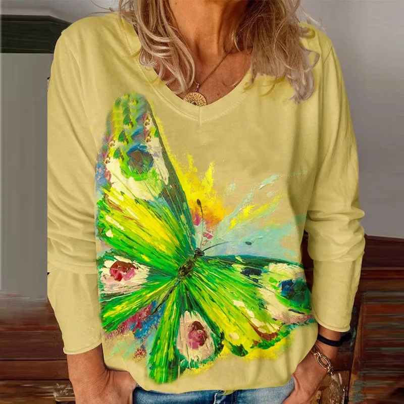 

Casual Painting Butterfly Printed Shirt Blouse Women V Neck Loose Pullover Blusa Vintage Autumn Long Sleeve Oversized Tops Mujer