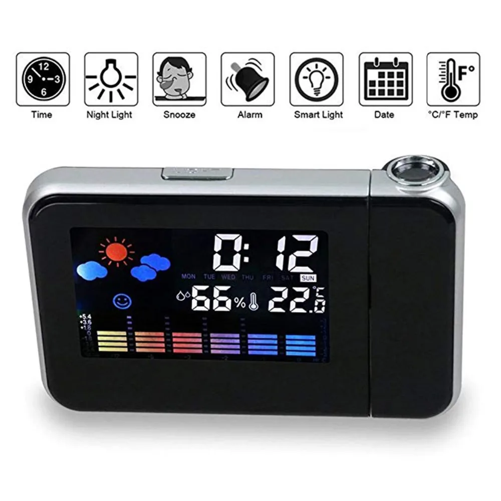 Hot Digital LCD Projection LED Display Alarm Clock Weather Snooze Function Temperature Thermometer Humidity Table Decor | Дом и сад
