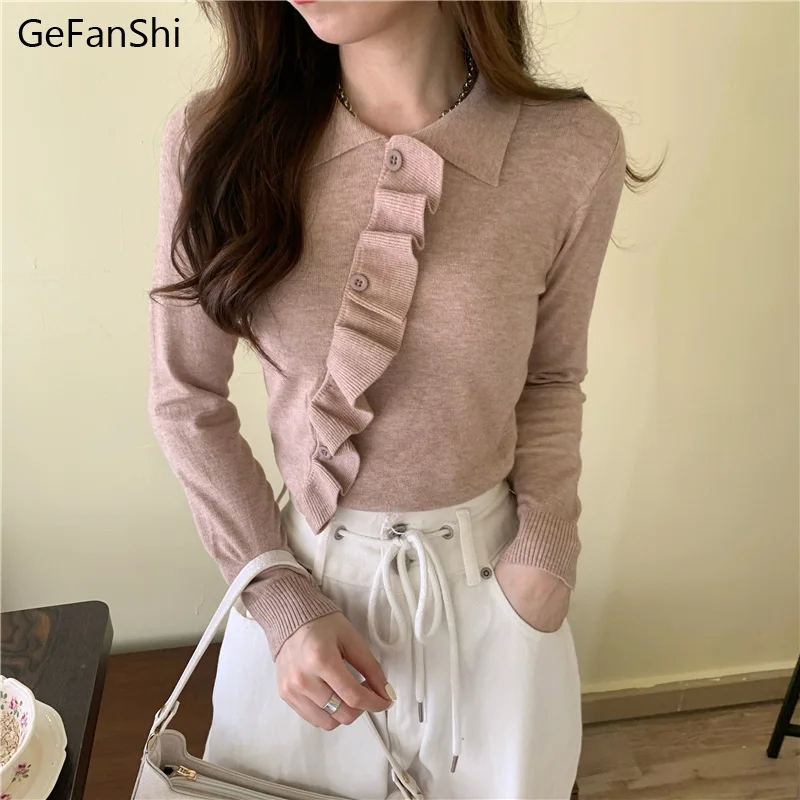 

Женский трикотажный пуловер с оборками, однотонный облегающий пуловер с длинным рукавом, Осень-зима