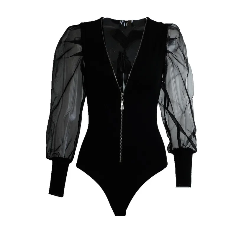 

NEW Women Puff Sleeve Bodysuit Zip Up Leotard Tops V Neck Sheer Mesh Long Sleeve Bodycon Jumpsuit Romper Top Blouse 3FS