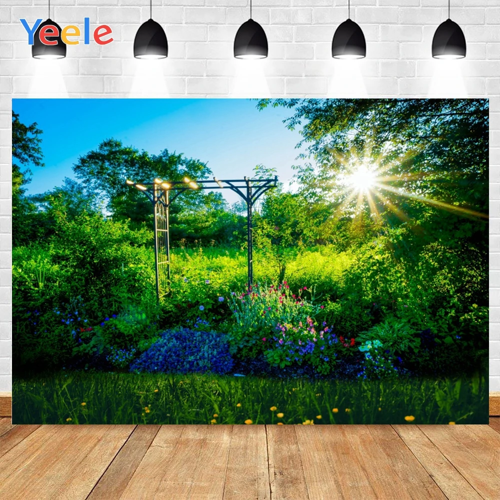 Yeele Солнечный теплый солнечный свет зеленые деревья растения красные синие цветы