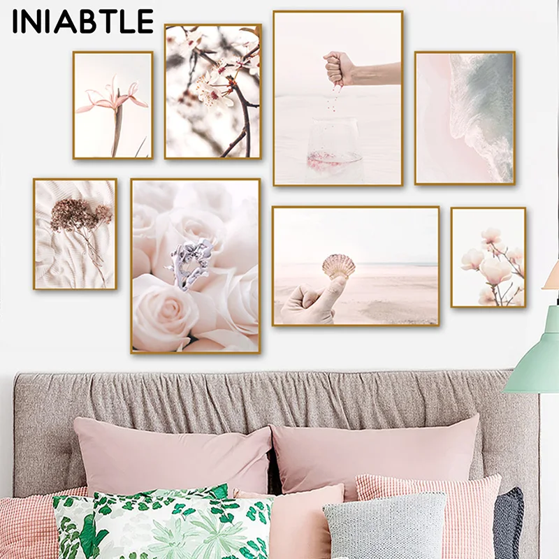 

Pink Rose Flower Plant Beach Landscape Posters Wall Art Prints Canvas Painting Nordic Modern Pictures For Living Room Home Decor
