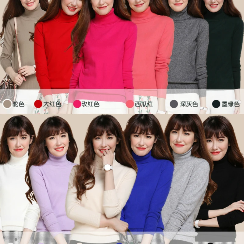 

Winter Turtle-neck Long Sleeved Base Sweaters for Women Solid Candy Joker Thin Knit Top & Jumpers Female
