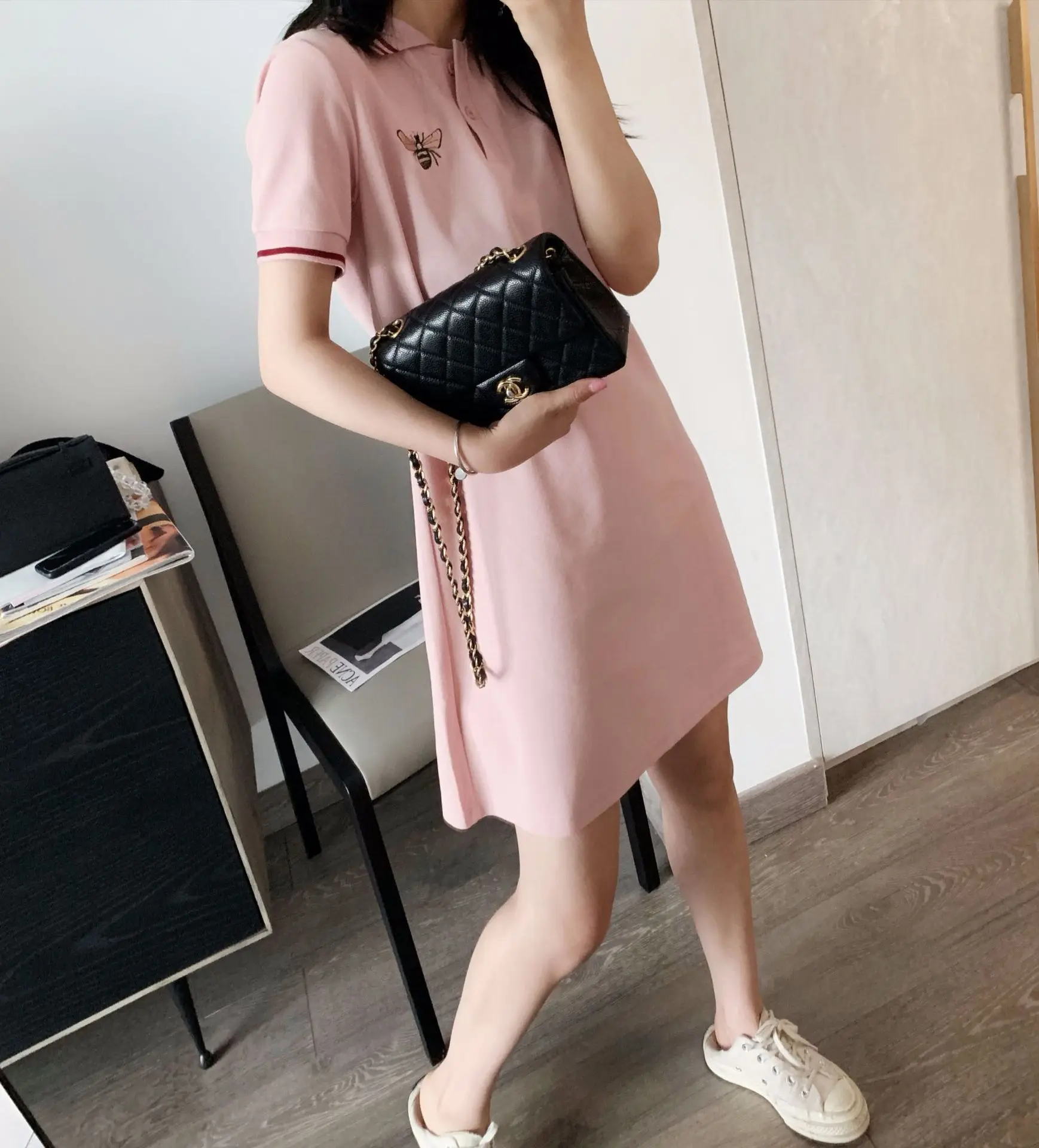 

T4027 Short Sleeved Xia T-shirt Dress Women's Mid-length Polo Fold-down Collar T-shirt Dress Slimming Small Bee Embroidered Skir