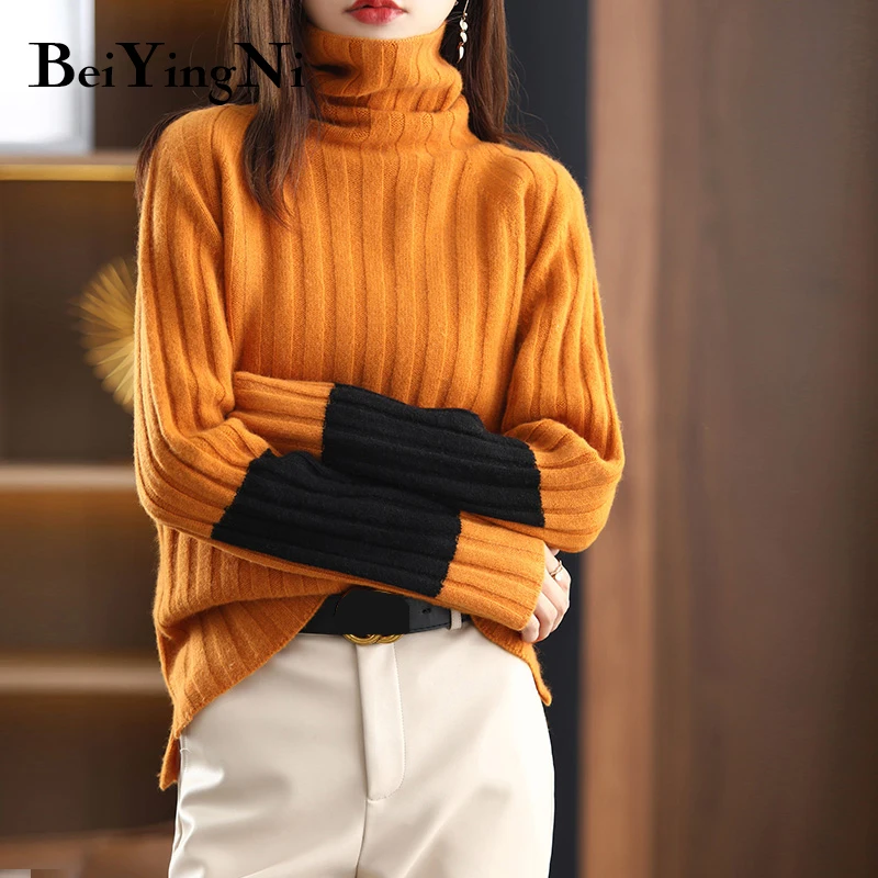 

Beiyingni Women's Turtleneck Sweater Spell Color Vintage Streetwear Knitted Pullovers Cashmere Warm Thick Lazy Jumper Pull Femme
