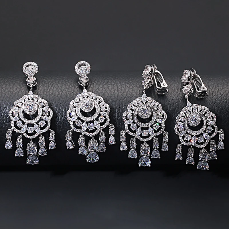 

Geometric earrings with diamonds, zircon tassels and water droplets 210323-70