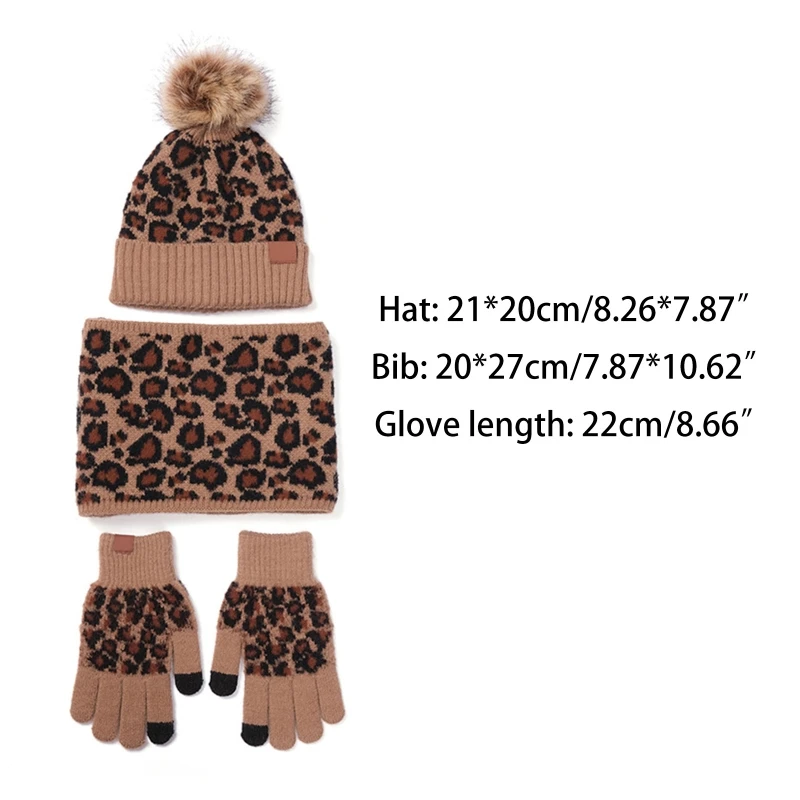 

3Pcs Women Winter Leopard Knit Pompom Beanie Hat Scarf Touch Screen Gloves Set 62KE
