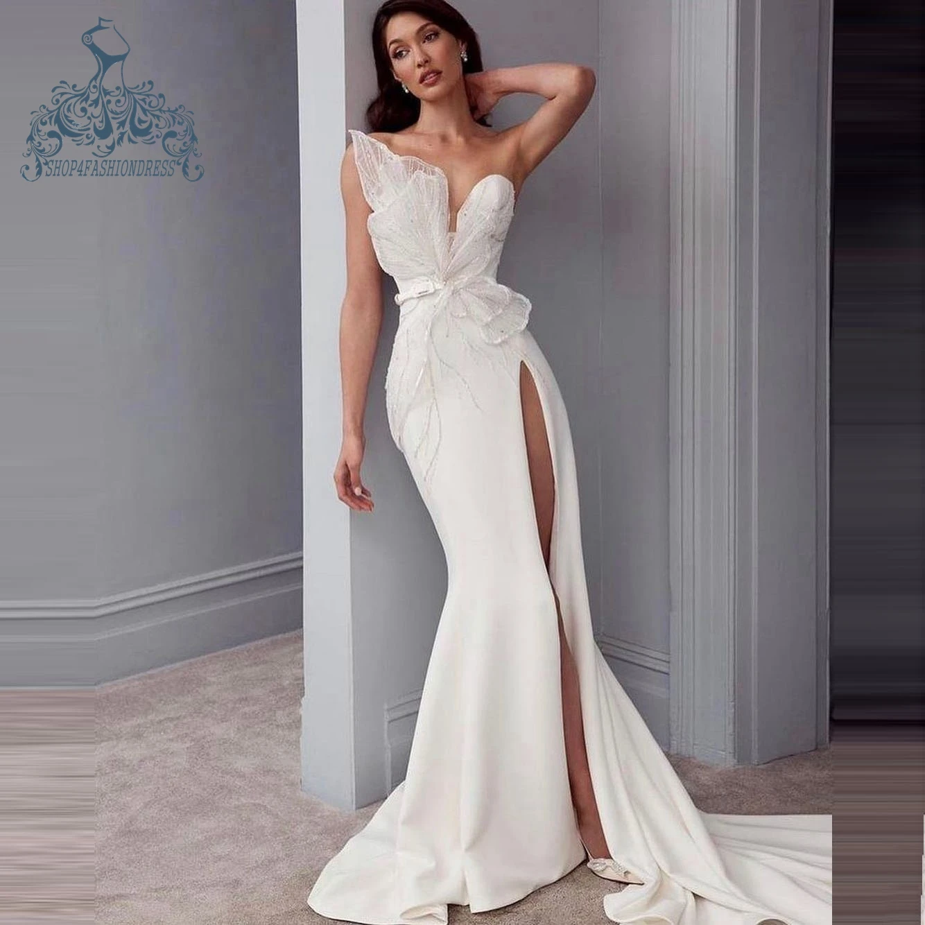 

Chic Asymmetry Ruffles Neck Beads Flower Mermaid Prom Gowns High Quality Side Split Formal Party Dress 2021 Prom Dresses
