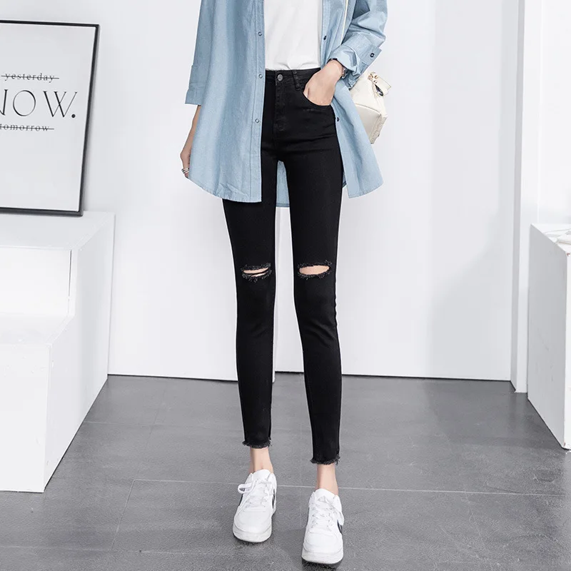 

Washd High Waist Knee Ripped Holes Women Skinny Jeans Summer Black Stretch Streetwear Slim Denim Ankle Length Pencil Pants 2021