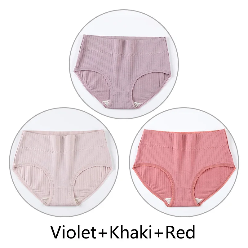 Violet Khaki Red 3 шт. Трусики с высокой талией женские Натуральные Шелковые антибактериальные промежности 4XL Большие размеры трусы мягкие дышащие размер плюс нижнее белье бесшовные - Цвет: Violet Khaki Red