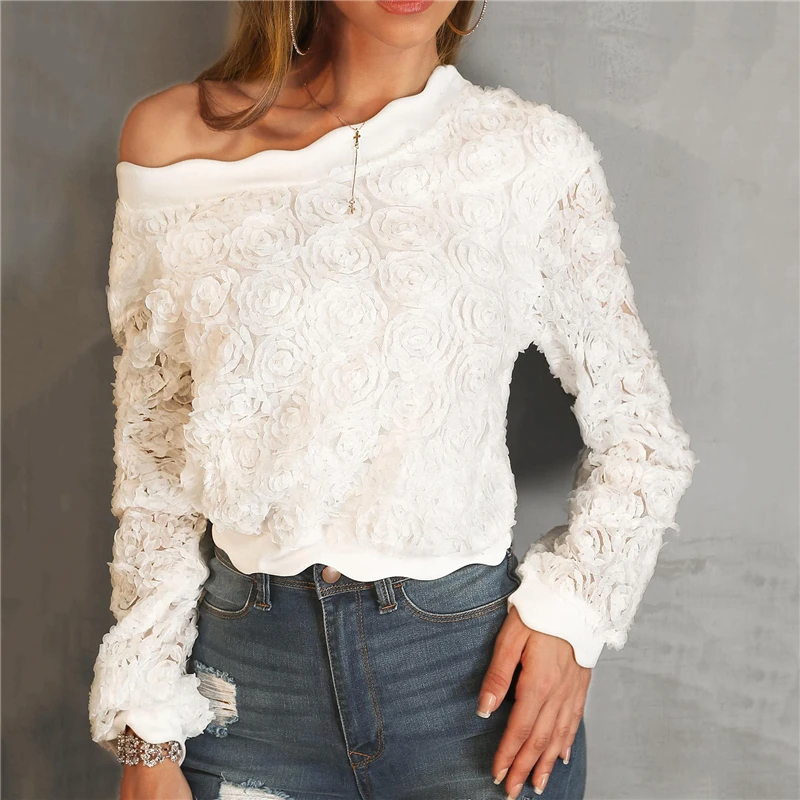 Модные женские кружевные топы и блузки элегантная белая блузка с длинным рукавом