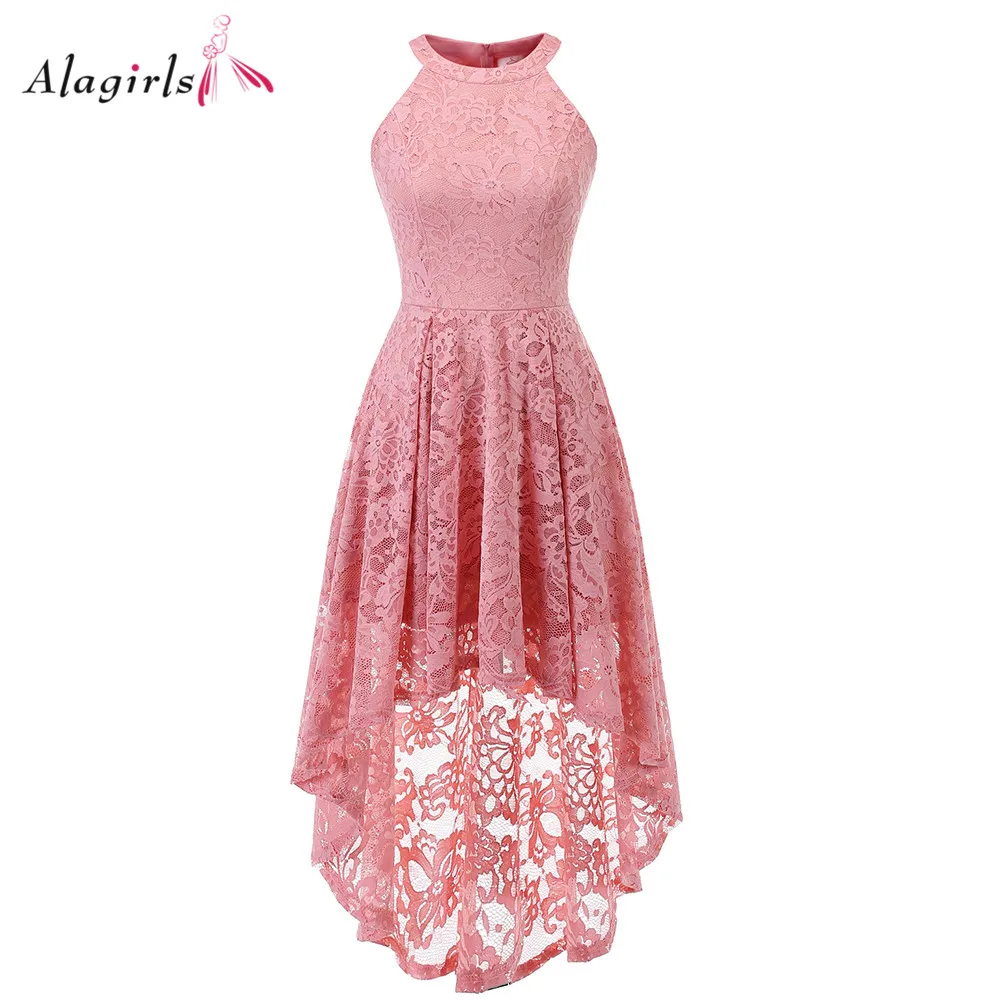 

Blush Short Homecoming Dress 2021 Tea Length Halter Zipper Up Girl Cute Homecoming Dresses High-Low Lace Party Graduation Gown