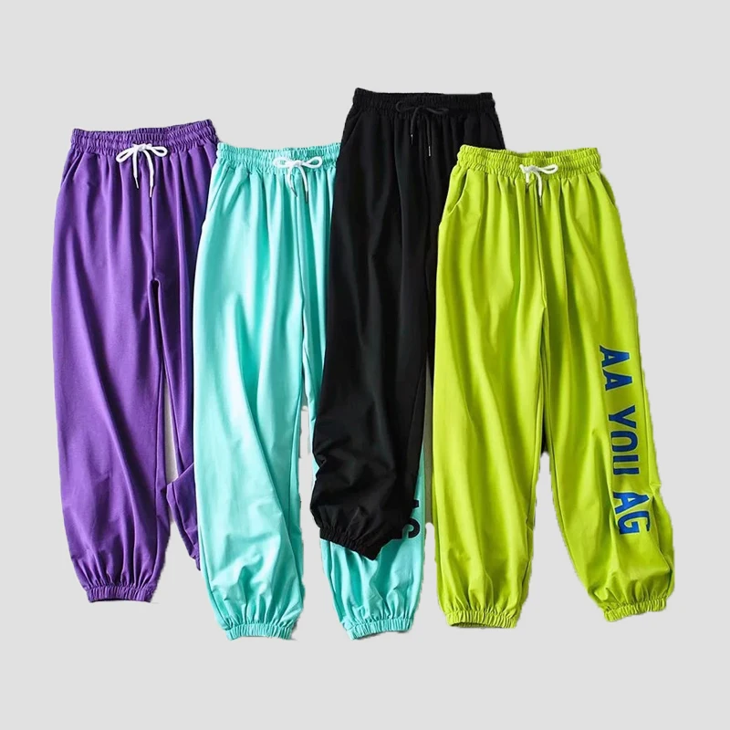 

Hip Hop Dance Pants Women New Fashion Letter Lace Up Stretch Waist Trousers Casual Loose Wide Leg Straight Harlan Pants Femme