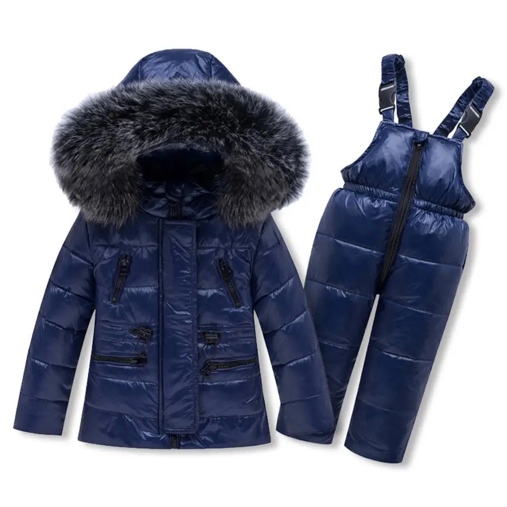 

Warm Winter Children clothing Sets baby boy Ski Suit Snowsuits real Fur Girl down Jackets Outerwear Coat+suspender jumpsuit