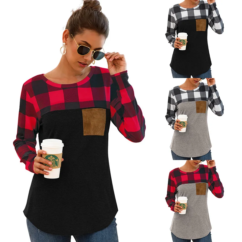 

Women's Clothing Plaid Stitching Brown Pocket Top Women Blouse Round Neck Long Sleeve Top Ropa De Mujer 2022 Spring Fashion