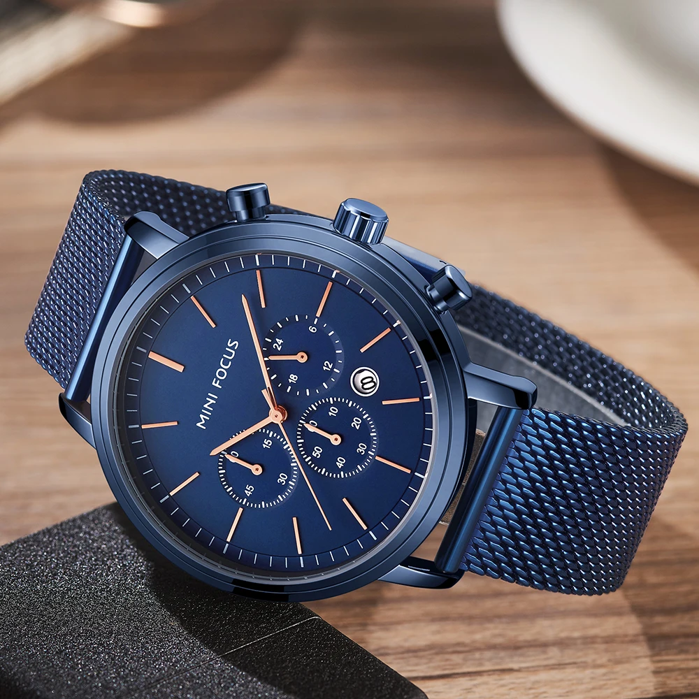 MINIFOCUS Fashion Men's Wrist Watches Luxury Design Quartz Watch Men 30m Waterproof Blue Stainless Steel Mesh Strap Reloj Hombre |