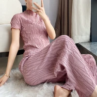 pant suits summer for women 45 75kg 2021 stretch miyake pleated fashion casual plus size 2 piece set short sleeve top pants