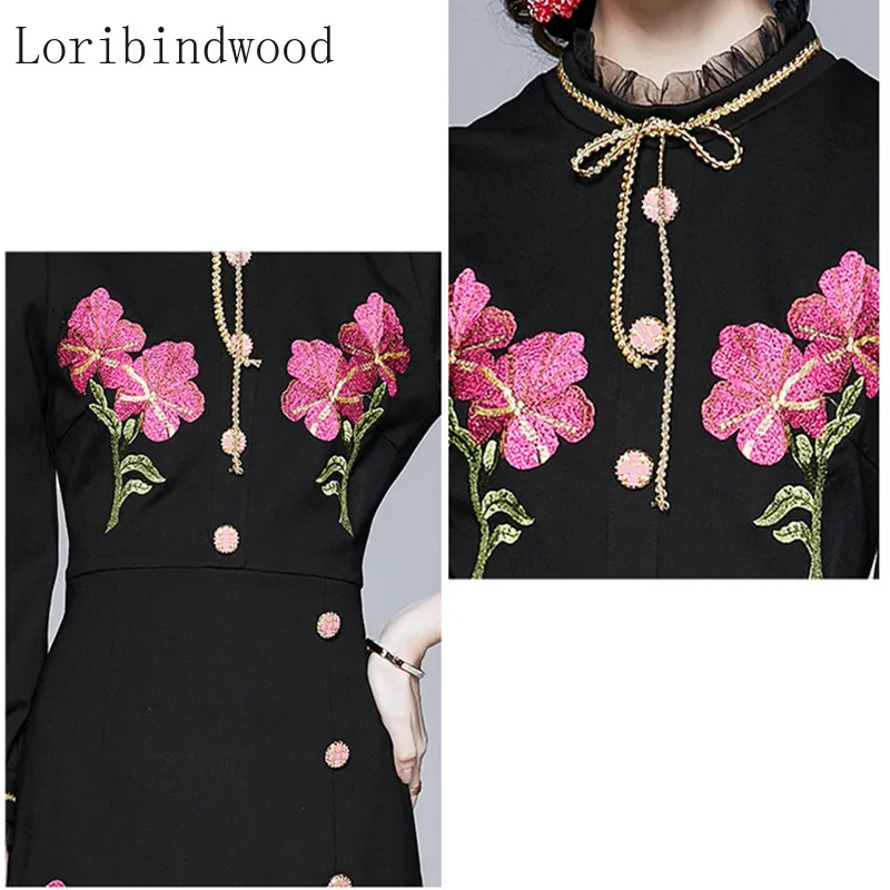 

Runway Autumn Women's Mesh Ruffled Collar Bow Dress Vinatge Long Sleeves Floral Embroidery Package hip Button Split Dresses