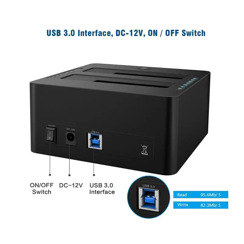 

USB 3.0 To SATA Dual Slots External Hard Drive Docking Station With USB 3.0 Hub SD/Micro SD/TF/MS/CF Card Reader For 2.5"/3.5"