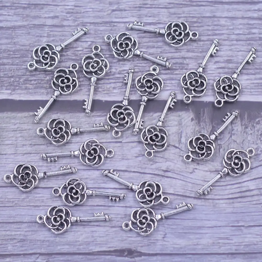 

20Pcs Pendants Keys Flowers Hollow Shape Metal Silver Tone For Charm Necklaces Women Jewelry DIY Making Findings 27x11mm