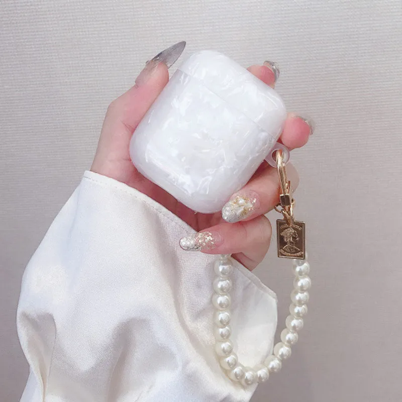 

Блестящий жемчужный 3d-браслет в виде ракушки с монетницей, брелок для наушников, мягкий чехол для Apple airpods 1 2 Pro, чехол для беспроводной гарнит...