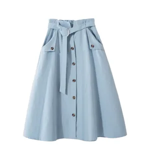 Юбка женская хлопковая средней длины на шнуровке, однобортная трапециевидная юбка с завышенной талией, черная, на лето