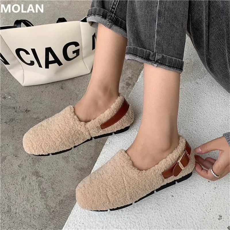 Мокасины MOLAN женские с круглым носком мягкие теплые меховые туфли на плоской