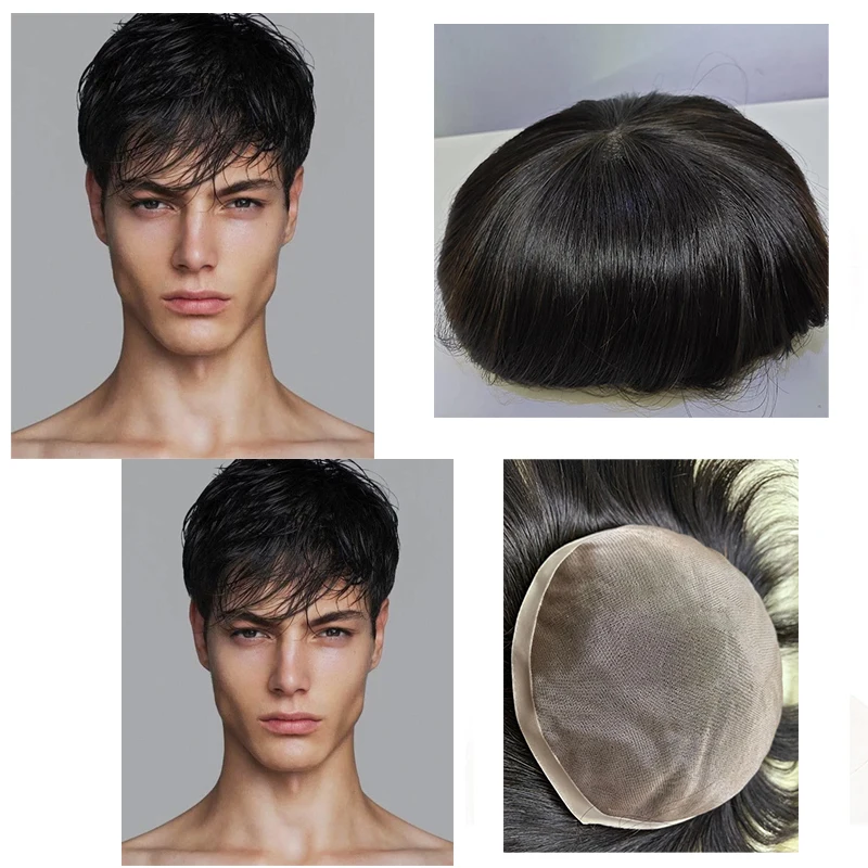 6*8 Men Wig Natural Human Hair Replacement System Men Hair Wig Natural Male Wig Toupee Men Mono Base Men's Capillary Prothesis