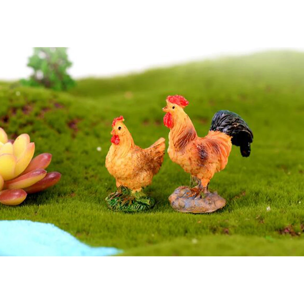 

2 Piece Mini Rooster Hen Figurines Micro Landscape DIY Dollhouse Ornaments Resin