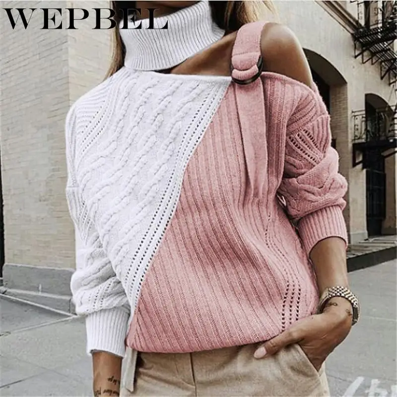 

WEPBEL Fashion Women's Cute Off Shoulder Knitted Tops Casual Long Sleeve Colorblock Sweater Spring Autumn Turtleneck Jumper