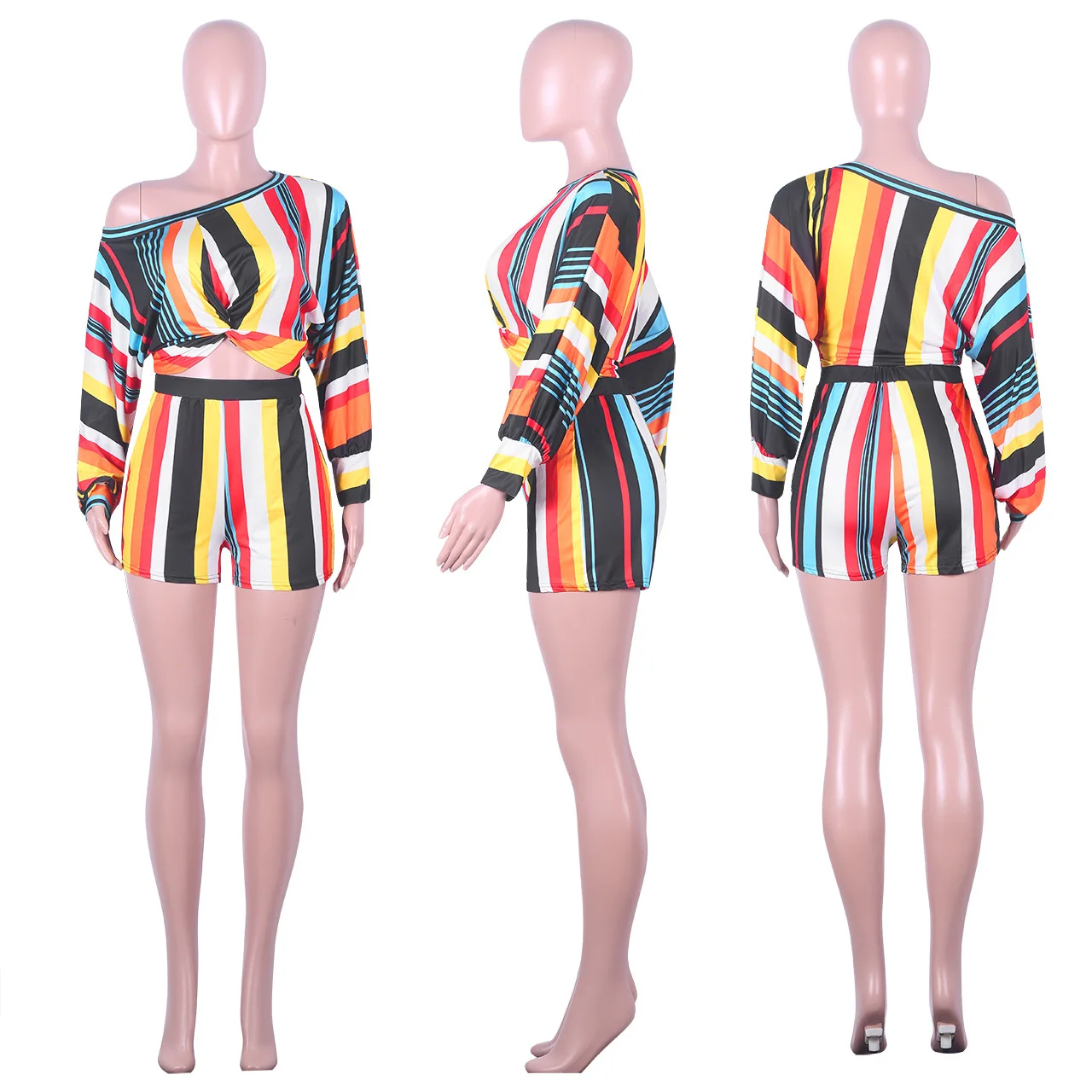 

Fashion Striped Two-Piece Large Size Womens Sexy Oblique Shoulder Top + Shorts With Nightclub Beach Vacation Shorts Set 2021 New