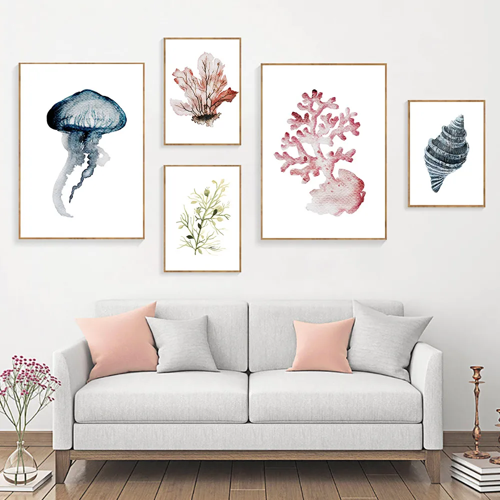 Розово синий коралловый плакат с раковиной настенный художественный принт