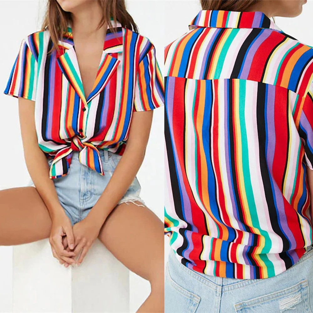 

Color Striped Blouse Women Summer Short Sleeve Chiffon Blouse Shirt Turn Down Collar Office Shirt Casual Tops Plus Size Blusas