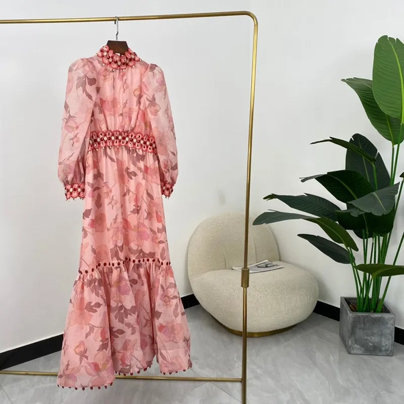 

2021 New Autumn Women Fashion A-line Pink Flowers Print Lantern Sleeve Mid-calf Dress High Quality