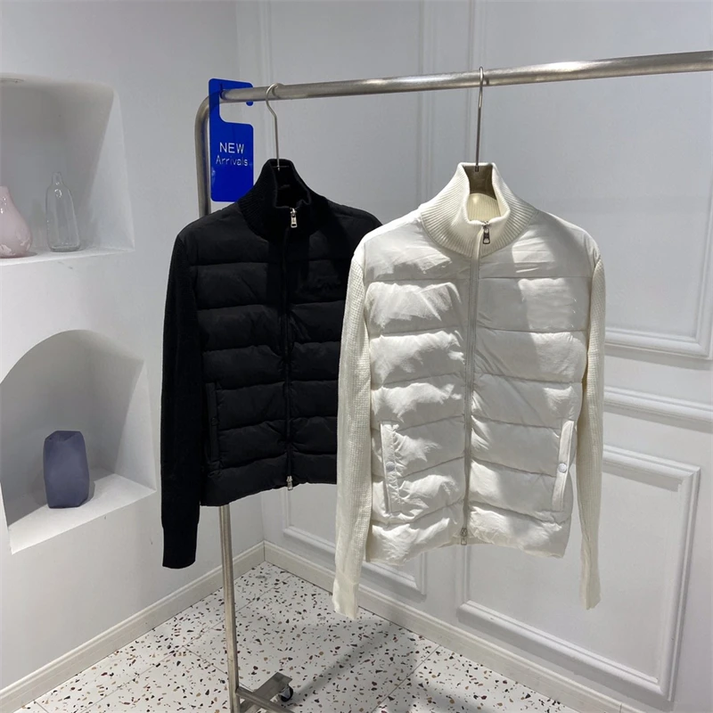 

High Quality Men Stand Up Collar Down Jackets Knitted Wool Cardigan Patchwork 90% White Duck Down Front Winter Casual Men Coats