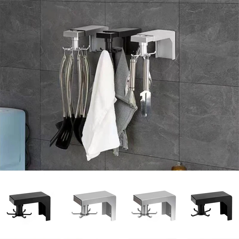 

Rotating Fixed Kitchen Storage Rack Retractable Self-adhesive Storage 4/6 Hook Cooking Spoon Wall-mounted Shelf
