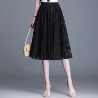 white lace pleated skirt for women 2021 summer elegant vintage high wasit loose big swing casual knee length black skirts